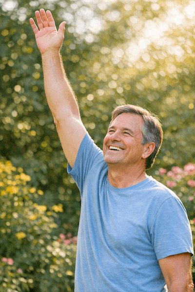 Patient demonstrating restored arm mobility